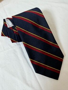 Roderick St. John’s Navy Men's Diagonal Stripe Tie with Red and Gold Accents